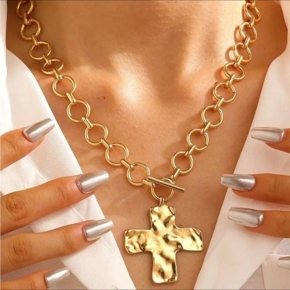 Gold Cross Pendant Hammered Thick Chunky  Chain Vintage Inspired Necklace